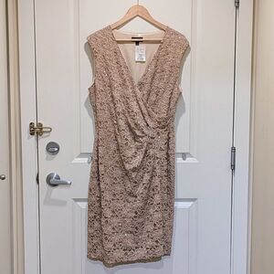 NWT Connected Apparel 16 Gold Floral Faux Wrap Dress with Sequins